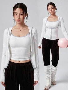 DAZY 4-Season Korean Style White Short Cardigan Jacket Slim Fit Camisole Tank Top Athleisure Base Layer Women's Sports Set Gym Workout Black Summer - White - View 6
