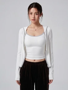 DAZY 4-Season Korean Style White Short Cardigan Jacket Slim Fit Camisole Tank Top Athleisure Base Layer Women's Sports Set Gym Workout Black Summer - White - View 2