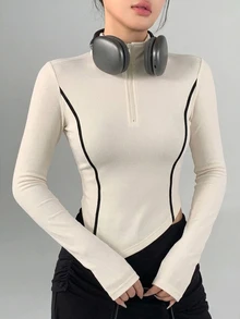 DAZY Women's Slim Fit Half-Zip Half-Neck Off-White And Black Contrast Line Asymmetrical Hem Fitness Sports T-Shirt, All Season Fall - Beige - View 1
