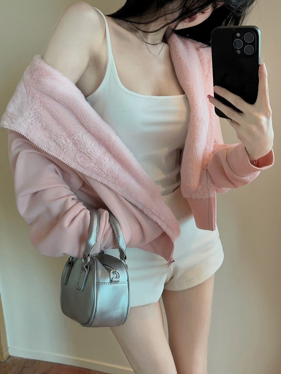 DAZY Women's Pink Hooded Fleece Lined Zip-Up Short Loose Sweet Cute Casual Home Sweatshirt, Autumn/Winter Hoodies - Pink - View 1