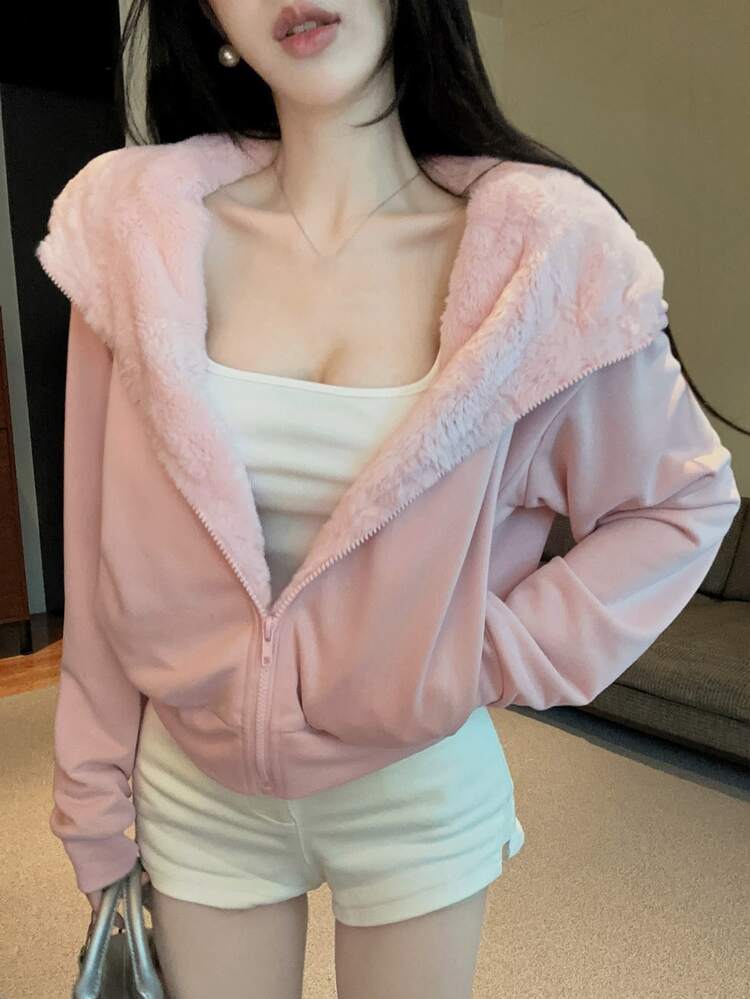 DAZY 女款粉色連帽抓絨內裡拉鍊短版寬鬆甜美可愛休閒居家運動衫，秋冬連帽衫 - 粉色 - 查看 4