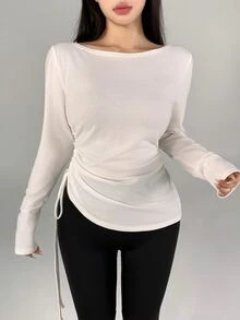 DAZY Kaos Dalaman Wanita Musim Gugur Model Boat Neck Warna Putih Gading dengan Detail Kerut di Samping dan Pinggang Ramping, Lengan Panjang, Potongan Slim Fit, Gaya Sporty, Cocok untuk Pilates dan Latihan. - Putih - View 7