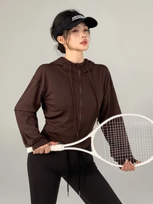 DAZY 女款棕色寬鬆短版連帽燈籠袖運動衫，休閒街頭風春秋運動夾克 - 棕色 - 查看 9