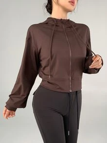 DAZY 女款棕色寬鬆短版連帽燈籠袖運動衫，休閒街頭風春秋運動夾克 - 棕色 - 查看 7