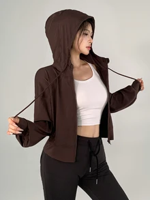 DAZY 女款棕色寬鬆短版連帽燈籠袖運動衫，休閒街頭風春秋運動夾克 - 棕色 - 查看 2