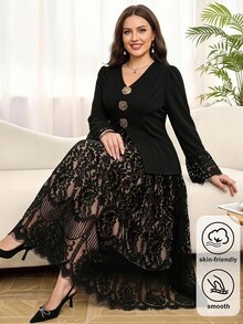 Reflora Plus Size Women's 2 Pieces Set, Elegant Romantic Floral Mesh Patchwork Jacket And Skirt, Suitable For Summer Wedding Formal Black Beige - Black - View 1