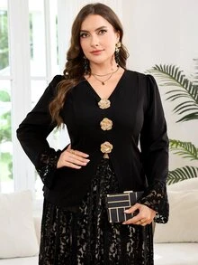 Reflora Plus Size Women's 2 Pieces Set, Elegant Romantic Floral Mesh Patchwork Jacket And Skirt, Suitable For Summer Wedding Formal Black Beige - Black - View 5