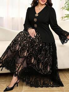 Reflora Plus Size Women's 2 Pieces Set, Elegant Romantic Floral Mesh Patchwork Jacket And Skirt, Suitable For Summer Wedding Formal Black Beige - Black - View 10
