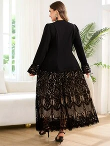 Reflora Plus Size Women's 2 Pieces Set, Elegant Romantic Floral Mesh Patchwork Jacket And Skirt, Suitable For Summer Wedding Formal Black Beige - Black - View 2
