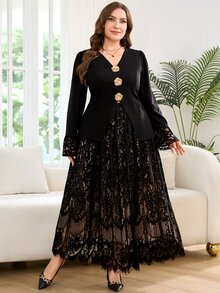 Reflora Plus Size Women's 2 Pieces Set, Elegant Romantic Floral Mesh Patchwork Jacket And Skirt, Suitable For Summer Wedding Formal Black Beige - Black - View 4