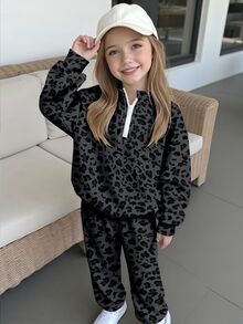 女童秋季粉色豹紋半拉鍊運動衫，休閒動物圖案立領套頭上衣，舒適秋季穿著 - 彩色 - 查看 4