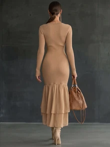 CHARMVALE Women's V-Neck Ribbed Knit Dress With An Asymmetrical Chiffon Ruffled Hem And Slit Design. An Elegant, Fitted Long-Sleeved Dress, Perfect For Autumn. - Apricot - View 2
