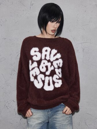 Street Life Pull en tricot moelleux à col rond pour femme, graphique << Saved By Jesus », épaules tombantes, style décontracté Y2K
