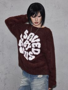 ROMWE Street Life Women Saved By Jesus Letter Graphic Fluffy Crew Neck Knit Sweater, Drop Shoulder Casual Y2K Pullover - Brown - View 5