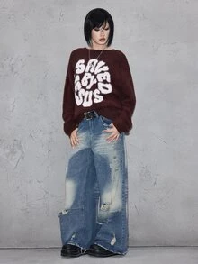 ROMWE Street Life Women Saved By Jesus Letter Graphic Fluffy Crew Neck Knit Sweater, Drop Shoulder Casual Y2K Pullover - Brown - View 4