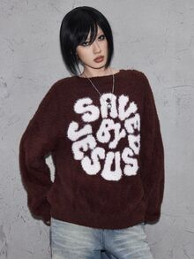 ROMWE Street Life Women Saved By Jesus Letter Graphic Fluffy Crew Neck Knit Sweater, Drop Shoulder Casual Y2K Pullover - Brown - View 6