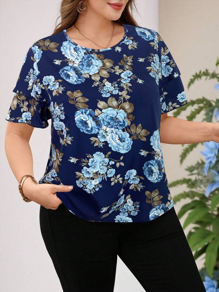 Reflora Plus Size Elegant Vacation Style Floral Print Ruffle Trim Short Sleeve Shirt - Blue - View 6