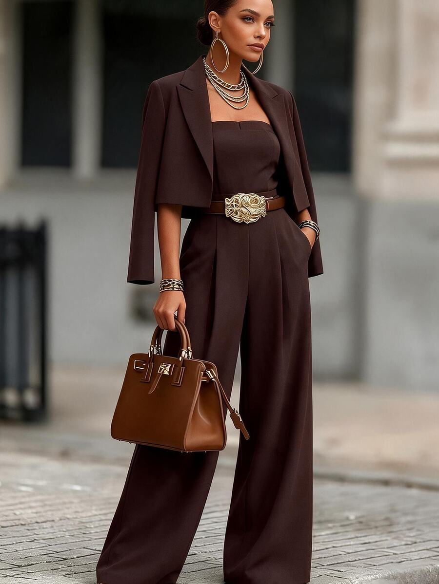 SHEIN New Vintage Elegant Commuter Women's Blazer & Wide Leg Jumpsuit 2 Pieces Set - Brown - View 1