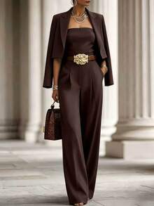 SHEIN New Vintage Elegant Commuter Women's Blazer & Wide Leg Jumpsuit 2 Pieces Set - Brown - View 4