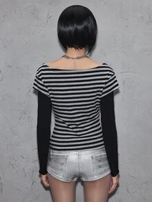 ROMWE Grunge Punk Women's Letter Print Striped 2 In 1 Casual Daily Top - Black - View 3