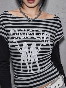 ROMWE Grunge Punk Women's Letter Print Striped 2 In 1 Casual Daily Top - Black - View 2