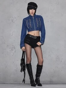 ROMWE Autumn/Winter Y2K Napoleon Double-Breasted Metal Button Decor Cropped Vintage Washed Denim Jacket And Coat For Women - Medium Wash - View 7