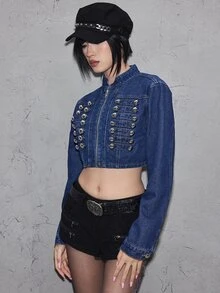 ROMWE Autumn/Winter Y2K Napoleon Double-Breasted Metal Button Decor Cropped Vintage Washed Denim Jacket And Coat For Women - Medium Wash - View 6
