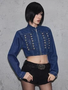 ROMWE Autumn/Winter Y2K Napoleon Double-Breasted Metal Button Decor Cropped Vintage Washed Denim Jacket And Coat For Women - Medium Wash - View 4