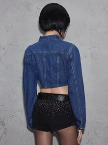 ROMWE Autumn/Winter Y2K Napoleon Double-Breasted Metal Button Decor Cropped Vintage Washed Denim Jacket And Coat For Women - Medium Wash - View 3