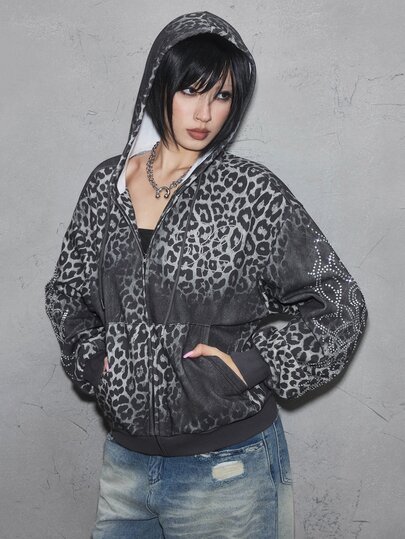 Grunge Punk Sudadera de mujer con estampado de leopardo gris degradado, patrón vintage y strass, estilo callejero