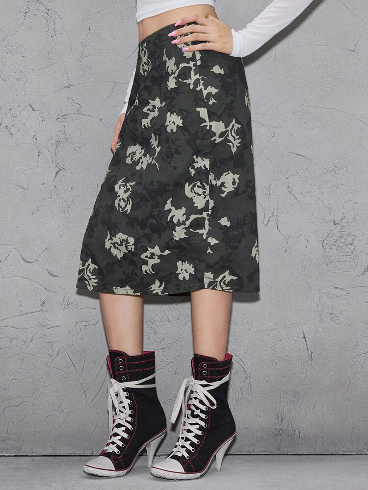 ROMWE Street Life Women's Denim Skirt Floral Camouflage Vintage Distressed Washed - Army Green - View 4