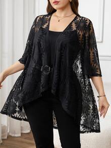 Reflora Plus Size Women Black Lace 3/4 Sleeve Loose Front Coat,Elegant,Autumn,Tea Party,Old Money Style,Classy Office Tops,Valentine's Day Concert Costumes - Black - View 7