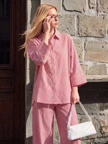 Pariaura Slouchy Loose Side Slit Lapel Shirt Elastic Waist Wide Leg Pants 2 Pieces Set Brunch Vacation Tea Party White And Red Plaid Fall Vintage French Casual - Pink - View 8