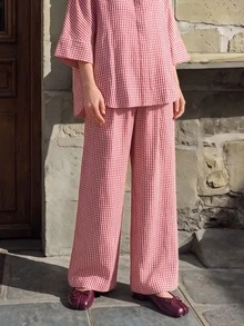 Pariaura Slouchy Loose Side Slit Lapel Shirt Elastic Waist Wide Leg Pants 2 Pieces Set Brunch Vacation Tea Party White And Red Plaid Fall Vintage French Casual - Pink - View 9