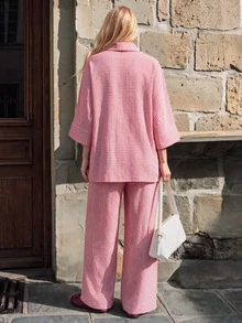 Pariaura Slouchy Loose Side Slit Lapel Shirt Elastic Waist Wide Leg Pants 2 Pieces Set Brunch Vacation Tea Party White And Red Plaid Fall Vintage French Casual - Pink - View 5