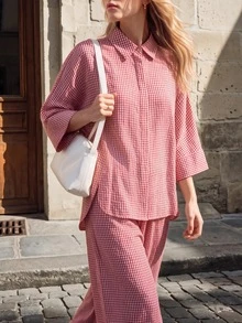 Pariaura Slouchy Loose Side Slit Lapel Shirt Elastic Waist Wide Leg Pants 2 Pieces Set Brunch Vacation Tea Party White And Red Plaid Fall Vintage French Casual - Pink - View 6