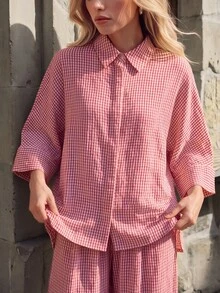 Pariaura Slouchy Loose Side Slit Lapel Shirt Elastic Waist Wide Leg Pants 2 Pieces Set Brunch Vacation Tea Party White And Red Plaid Fall Vintage French Casual - Pink - View 4