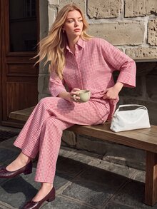 Pariaura Slouchy Loose Side Slit Lapel Shirt Elastic Waist Wide Leg Pants 2 Pieces Set Brunch Vacation Tea Party White And Red Plaid Fall Vintage French Casual - Pink - View 2