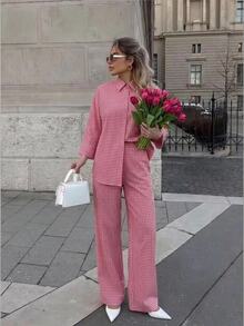 Pariaura Slouchy Loose Side Slit Lapel Shirt Elastic Waist Wide Leg Pants 2 Pieces Set Brunch Vacation Tea Party White And Red Plaid Fall Vintage French Casual - Pink - View 1