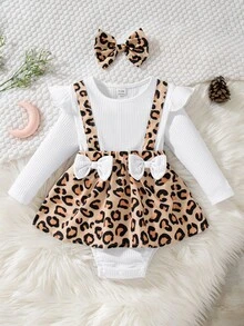 SHEIN 2pcs Baby Girls Dress Elegant Cute White Brown Leopard Print Bow Ruffle Flutter Long Sleeve Round Neck Birthday Party Evening Autumn Fall - White - View 10