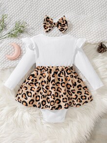 SHEIN 2pcs Baby Girls Dress Elegant Cute White Brown Leopard Print Bow Ruffle Flutter Long Sleeve Round Neck Birthday Party Evening Autumn Fall - White - View 3