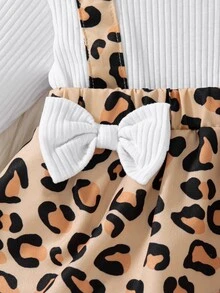 SHEIN 2pcs Baby Girls Dress Elegant Cute White Brown Leopard Print Bow Ruffle Flutter Long Sleeve Round Neck Birthday Party Evening Autumn Fall - White - View 7