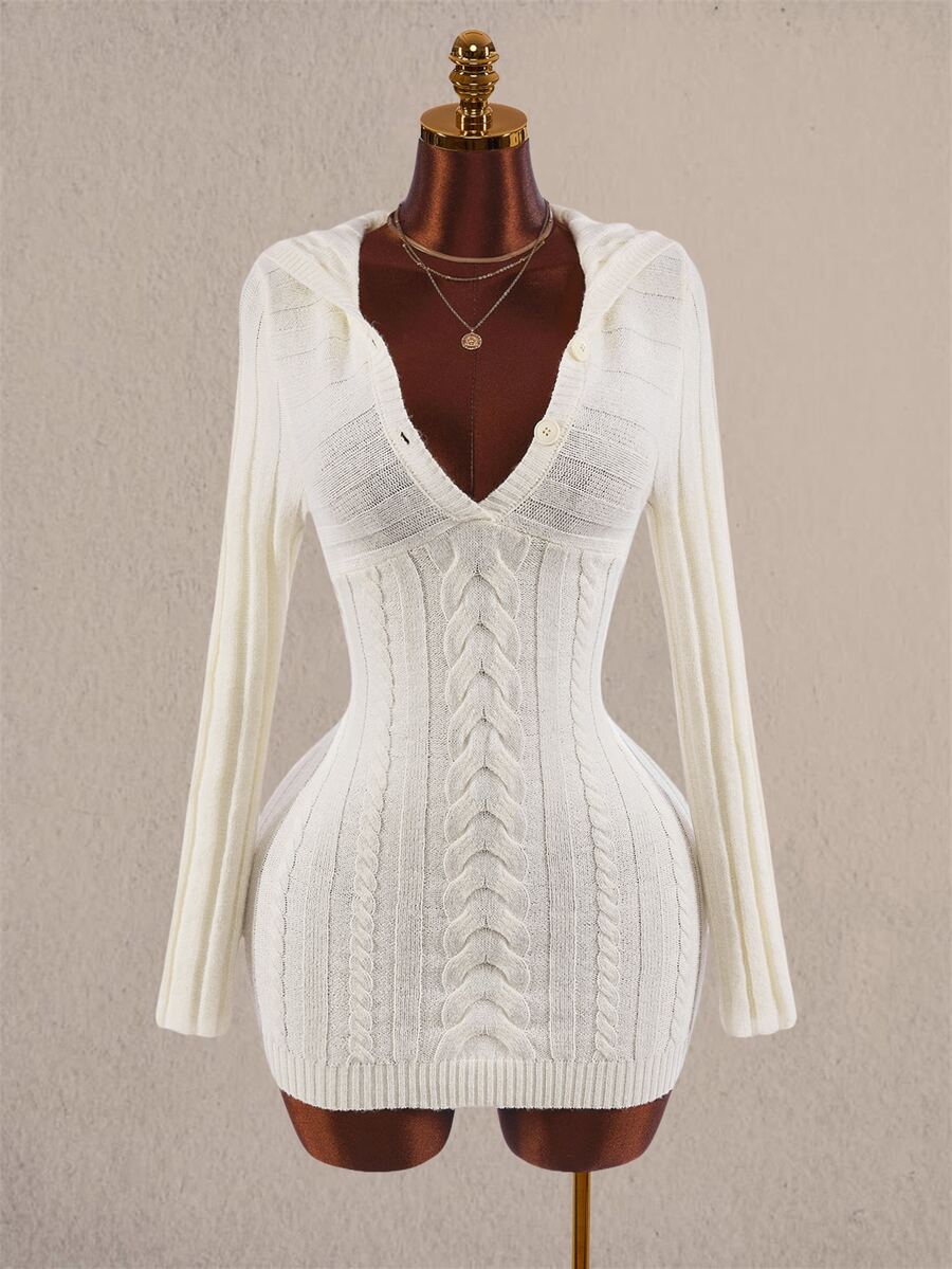 Amplova V-Neck Pocket Button Hooded Women's Fitted Mini Long Sleeve Crochet Knit Handmade Mini Knit Dress - Apricot - View 1