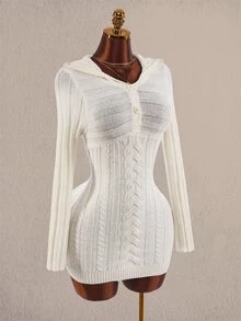 Amplova V-Neck Pocket Button Hooded Women's Fitted Mini Long Sleeve Crochet Knit Handmade Mini Knit Dress - Apricot - View 6