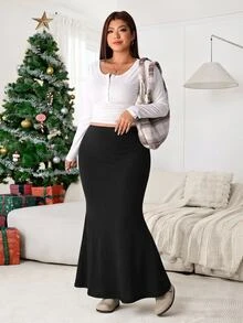 Solflare Plus Size Women Solid Color Elastic Waist Elegant Mermaid Skirt - Black - View 3