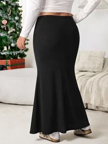 Solflare Plus Size Women Solid Color Elastic Waist Elegant Mermaid Skirt - Black - View 2