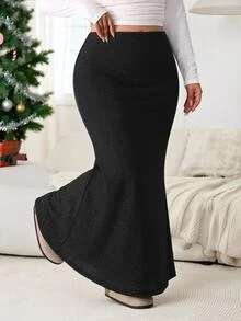 Solflare Plus Size Women Solid Color Elastic Waist Elegant Mermaid Skirt - Black - View 6