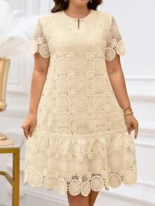 Reflora 大尺碼休閒優雅純色蕾絲洋裝，適合早午餐派對、正式場合、夏季婚禮賓客，奶油色 - 杏色 - 查看 8
