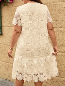 Reflora 大尺碼休閒優雅純色蕾絲洋裝，適合早午餐派對、正式場合、夏季婚禮賓客，奶油色 - 杏色 - 查看 9