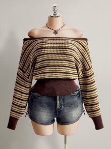 SHEIN ICON Áo len dệt kim trễ vai kẻ sọc màu nâu size lớn cho nữ, mùa đông - màu nâu - Xem 9